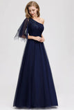 Simple A Line One Shoulder Navy Blue Tulle Prom Dresses Cheap Formal Dresses SJS15382