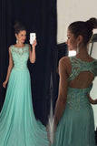 Chiffon Scoop Prom Dresses A Line With Applique And Beads Open Back