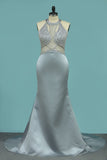 Prom Dresses Mermaid Scoop Open Back Beaded Bodice Satin