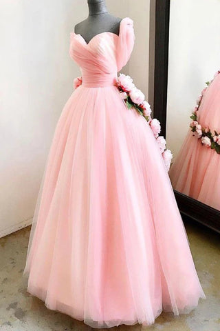 Charming Ball Gown Sweetheart Long Prom Dresses, Pink Sweet 16 Dress With Handmade Flowers SJS15094