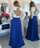 V Neck Prom Dresses A Line Chiffon With Applique Sweep Train Dark Royal Blue