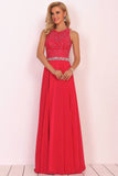 Open Back Scoop A Line Prom Dresses With Beading Chiffon