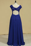 V Neck Prom Dresses Cap Sleeves Chiffon With Applique Open Back