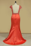 Evening Dresses Mermaid Scoop Short Sleeves Satin With Beading Open Back