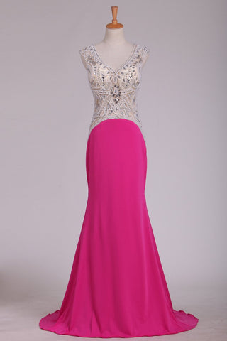 Prom Dresses V Neck Beaded Bodice Sweep Train Open Back Spandex