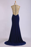 Scoop Neckline Column Beaded Bodice Prom Dresses With Court Train & Slit