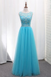 A Line Tulle Bateau Open Back Beaded Bodice Floor Length Prom Dresses