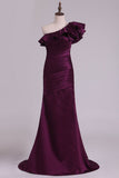 One Shoulder Satin With Ruffles Prom Dresses Sweep Train