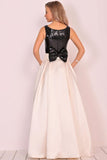 A Line Scoop Satin Prom Dresses With Sequins&Bow Floor Length