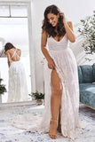 Elegant A Line V Neck Lace Ivory Beach Wedding Dresses with Slit, Bridal Gowns SJS15579