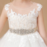 Ivory Sleeveless Tulle Satin Flower Girl Dresses With Champagne Bowknot