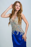 Dark Royal Blue Mermaid Prom Dresses V Neck Beaded Bodice Satin Evening Dresses