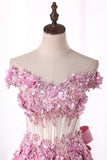 New Arrival Prom Dresses Off The Shoulder Satin With Appliques And Handmade Flowers