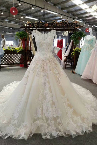 Marvelous Scoop Neck Floral Wedding Dresses Lace Up With Appliques And Beadings