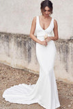 Unique V Neck Ivory Mermaid Wedding Dress Long Bridal Dress