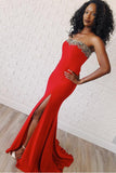 Strapless Red Satin Beading Trumpet Mermaid Prom Dress