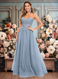 Samantha Ball-Gown/Princess V-Neck Floor-Length Tulle Prom Dresses With Sequins Appliques Lace JLP0025837