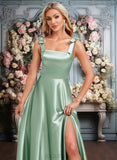 Lillie A-line Square Floor-Length Stretch Satin Bridesmaid Dress With Bow JLP0025788