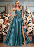 Carlee A-line V-Neck Floor-Length Stretch Satin Bridesmaid Dress JLP0025786