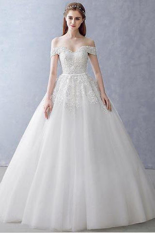 White Off-the-Shoulder Ball Gown Beads Sweetheart Floor-Length Wedding Dress JS751