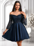 Jo A-line Off the Shoulder Short Satin Homecoming Dress With Sequins JLP0025651