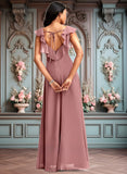 Emelia A-line V-Neck Floor-Length Chiffon Bridesmaid Dress With Ruffle JLP0025751