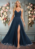 Jordin A-line V-Neck Floor-Length Chiffon Prom Dresses With Pleated JLP0025830