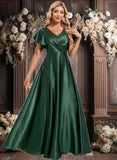 Sage A-line V-Neck Floor-Length Stretch Satin Bridesmaid Dress With Ruffle JLP0025773