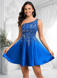 Hana A-line One Shoulder Short Satin Homecoming Dress With Appliques Lace Sequins JLP0025657