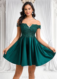 Diya A-line Off the Shoulder Short Lace Satin Homecoming Dress With Rhinestone JLP0025718