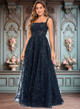 Courtney A-line Square Floor-Length Organza Lace Floral Prom Dresses With Sequins JLP0025844