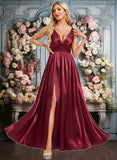 Kayley A-line V-Neck Floor-Length Stretch Satin Bridesmaid Dress JLP0025771