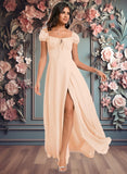 Crystal A-line Square Floor-Length Chiffon Prom Dresses With Ruffle JLP0025872