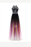 Elegant Black And White Ombre Chiffon A Line Backless Halter Beading Lace Up Long Prom Dresses