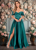 Josephine A-line Off the Shoulder Floor-Length Satin Prom Dresses With Pleated JLP0025851