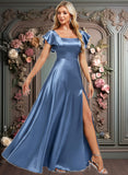 Michaela A-line Square Floor-Length Stretch Satin Bridesmaid Dress With Ruffle JLP0025769