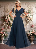 Kenley A-line V-Neck Floor-Length Chiffon Bridesmaid Dress JLP0025806