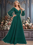 Jamya A-line V-Neck Floor-Length Chiffon Bridesmaid Dress JLP0025816