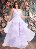 Sue Ball-Gown/Princess Asymmetrical One Shoulder Floor-Length Tulle Prom Dresses JLP0025867