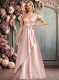 Yazmin A-line V-Neck Floor-Length Stretch Satin Bridesmaid Dress With Ruffle JLP0025787