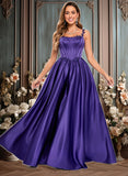 Britney Ball-Gown/Princess Scoop Floor-Length Satin Prom Dresses With Appliques Lace Beading JLP0025865