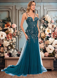 Destiney Trumpet/Mermaid V-Neck Sweep Train Tulle Prom Dresses With Sequins Appliques Lace JLP0025853