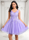 Raquel Ball-Gown/Princess V-Neck Short Lace Tulle Homecoming Dress With Flower JLP0025656