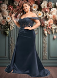 Coral Trumpet/Mermaid Off the Shoulder Sweep Train Satin Prom Dresses With Sequins Appliques Lace JLP0025835