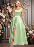 Ida A-line Square Floor-Length Satin Bridesmaid Dress With Bow JLP0025778