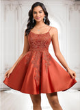 Lea A-line Scoop Short Satin Lace Homecoming Dress With Sequins JLP0025683