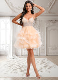 Coral Ball-Gown/Princess V-Neck Short Tulle Homecoming Dress With Beading Sequins JLP0025646