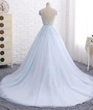 Sexy Ball Gown Tulle Sky Blue V-neck Appliques Brush Train Long Sleeveless Prom Dresses UK JS505