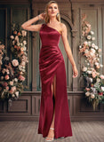 Abbey A-line One Shoulder Floor-Length Stretch Satin Bridesmaid Dress With Bow JLP0025758