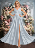 Claire A-line V-Neck Floor-Length Satin Prom Dresses JLP0025877